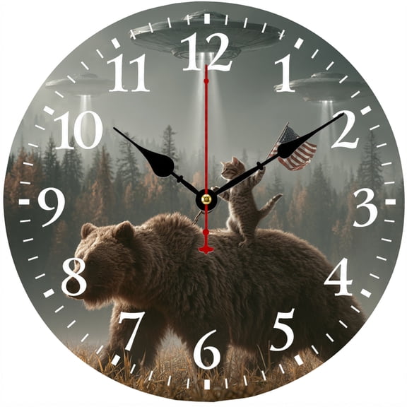9.84 Inch Wildlife Wall Clock, Battery Operated Round Analog Clock with Easy to Read Numbers, Bear and Cat Forest Scene Decorative Clock, Rustic Farmhouse Cabin Decor for Living Room Bedroom Kitchen