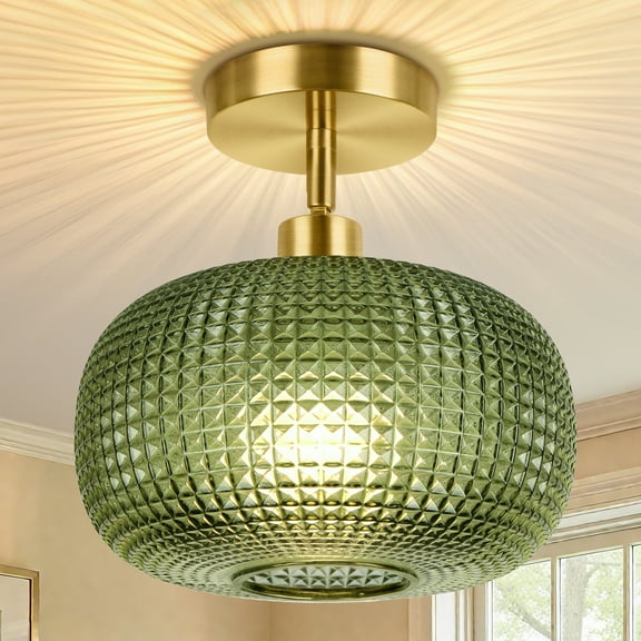 9.84'' Semi Flush Mount Ceiling Light, Adjustable Hanging Gold Sloped Ceiling Lights with Green Glass Shade