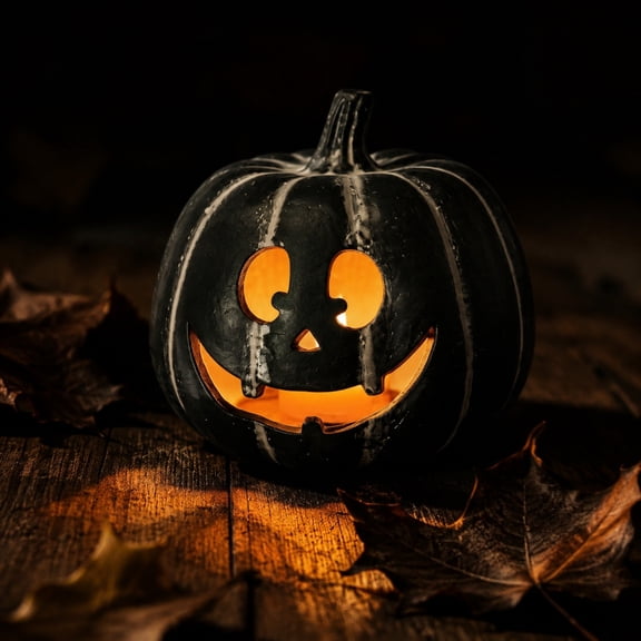 9.84" Spooky Smiling Face LED Pumpkin Lantern Decor, Distressed Black Pumpkin Candle Holder Tabletop Statue, Halloween Harvest Farmhouse Decoration Lamp for Dining Table, Mantel, Holiday Party Decor