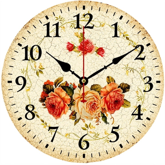 9.84 in Vintage Floral Wall Clock, Farmhouse Decorative Analog Clock with Large Arabic Numerals, Rustic Rose Design Kitchen Clock for Living Room Bedroom Office Home Decor