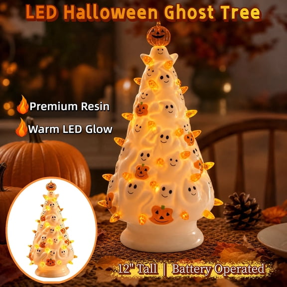 9.84" White Resin Halloween Ghost Tree with Orange LED Lights | Nostalgic Ceramic-Style Ghost and Pumpkin Centerpiece for Summer and Autumn Home Decor, Lazyguy
