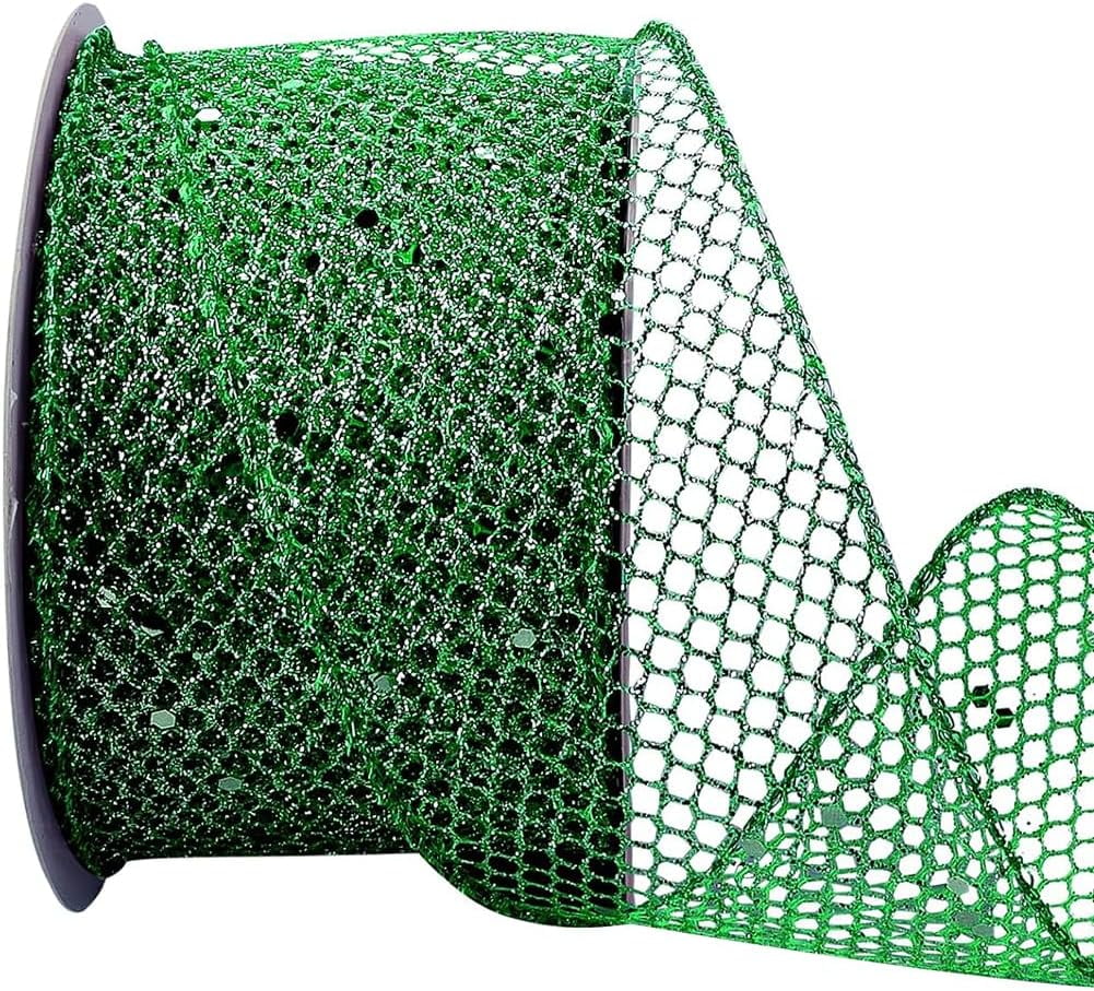 9.84 Yards 2.5 Inch Green Mesh Ribbon Glitter Sparkling Ribbon Wired ...