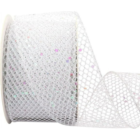 9.84 Yards 2.5 Inch Silver Glitter Mesh Wired Ribbon Sparkling Christmas Ribbon Polyester Sequin Netting Ribbons with Spool for Sewing Making Crafts Gift Wrapping Birthday Wedding Diy Supply