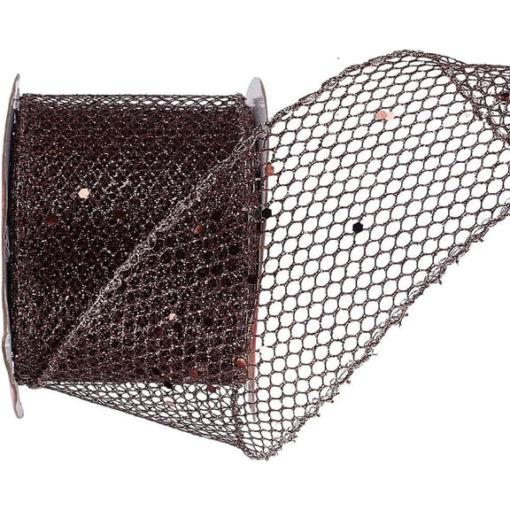 9.84 Yards 2.5 Inch Sparkling Glitter Mesh Ribbon Dark Brown Netting Ribbon Polyester Shiny Sequin Tulle Ribbons Bulk with Spool for Sewing Making Craft Wreath Garlands Home Decor Diy Supply