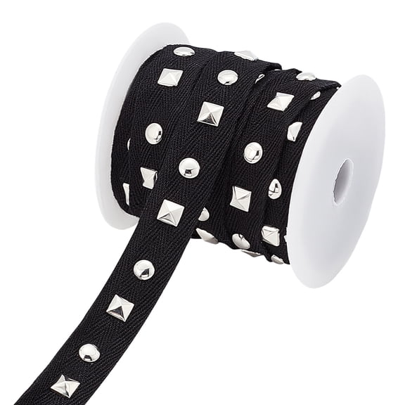 9.84 Yards 20 mm Wide Sliver Aluminum Studded Polyester Cord Black Flat Polyester Ribbon Trim with Round and Square Rivets