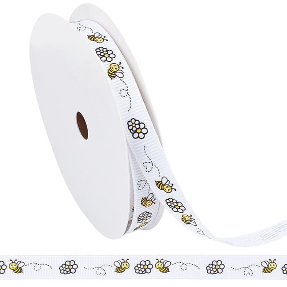 9.84 Yards 3/8 Inch White Yellow Thin Bee Themed Print Ribbon Spring Flower Printed Bees Floral Pattern Grosgrain Fabric Ribbons Bulk Roll DIY