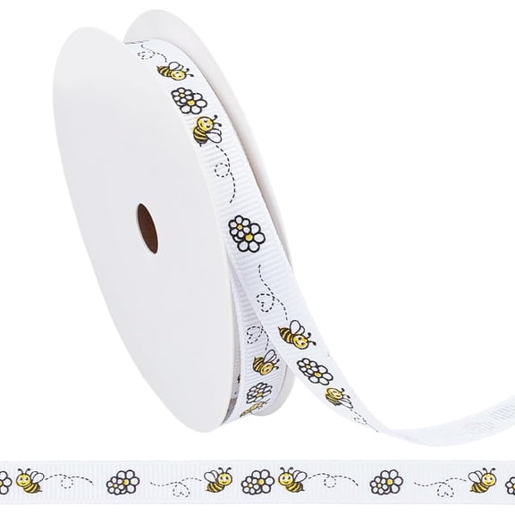 9.84 Yards 3/8 Inch White Yellow Thin Bee Themed Print Ribbon Spring Flower Printed Bees Floral Pattern Grosgrain Fabric Ribbons Bulk Roll