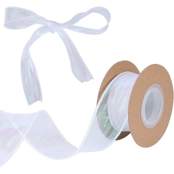 9.84 Yards Organza Ribbon 1-5/8" Wide Sheer Wired Shimmer Tulle Edge Ribbon Decorative White Fabric for Gift Wrapping Wedding Invitations Floral Bouquet Gift Basket Bows Cake Decor Crafts White