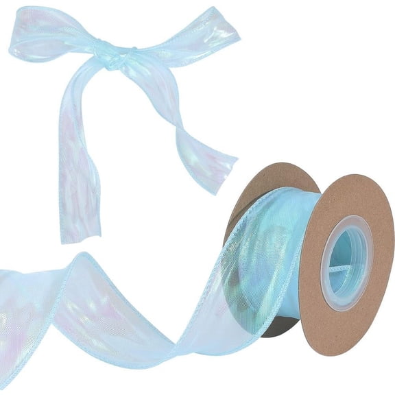 9.84 Yards Organza Ribbon 1.57" Wide Clear Sheer Wired Shimmer Edge Ribbon Decorative Fabric for Gift Wrapping Wedding Invitations Floral Bouquet Gift Basket Bows Cake Decor Crafts Sky Blue Blue