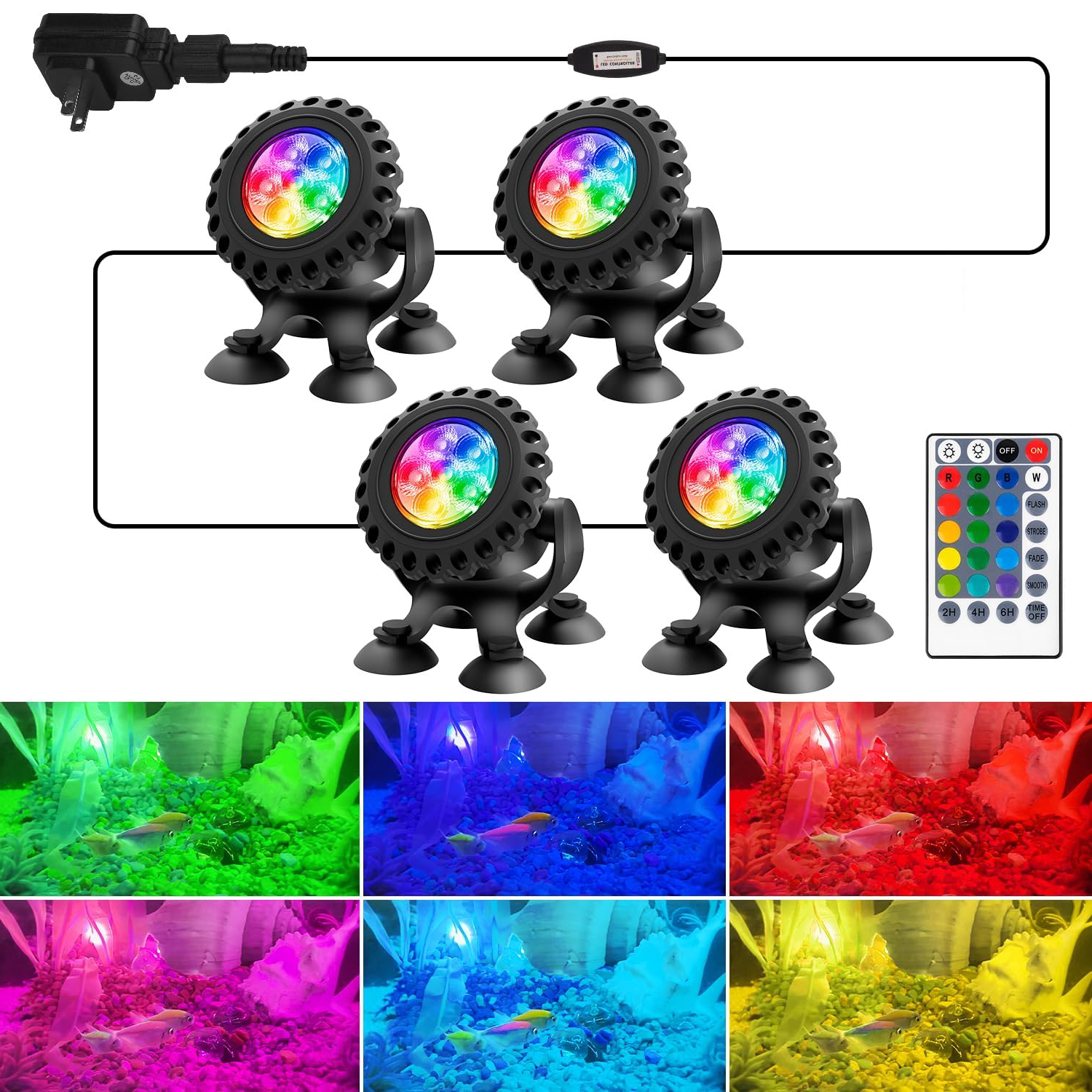 9.84 ft RGB Multicolor Pond Lights,App Remote Control Submersible Fountain Lights,Waterproof Multifunctional Underwater Light,4 Lights 24 LED Pond Lights for Fish Tank Pond