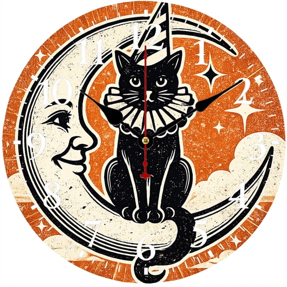 9.84 in Black Cat Moon Wall Clock, Vintage Celestial Gothic Battery Operated Analog Clock for Living Room Bedroom Kitchen Office