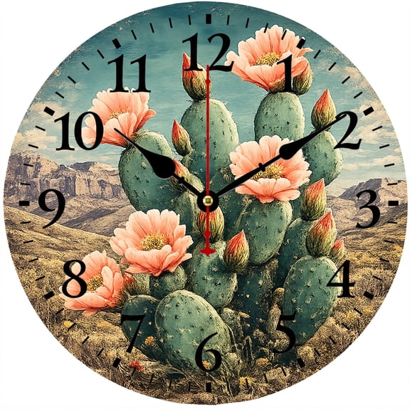 9.84 in Cactus Wall Clock, Southwestern Desert Floral Analog Clock, Battery Operated Western Decor for Living Room Bedroom Kitchen Office
