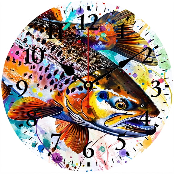9.84 in Watercolor Fish Wall Clock, Battery Operated Analog Clock, Easy to Read Numbers, Fishing Decor for Living Room Bedroom Kitchen Office