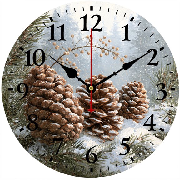 9.84 in Winter Pine Cone Wall Clock, Rustic Farmhouse Decorative Analog Clock, Battery Operated for Living Room Bedroom Kitchen Office