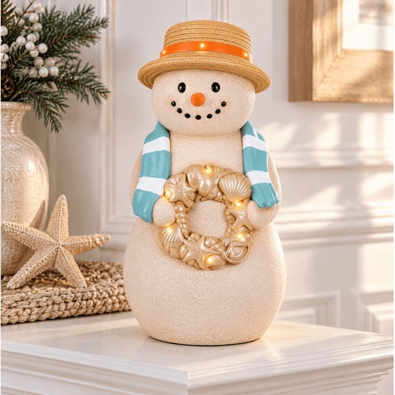 9.84 inch Christmas LED Coastal Sandman Snowman Blow Mold 2026, Resin LED Snowman Figure with Straw Hat Striped Scarf Shell Wreath Home Decor