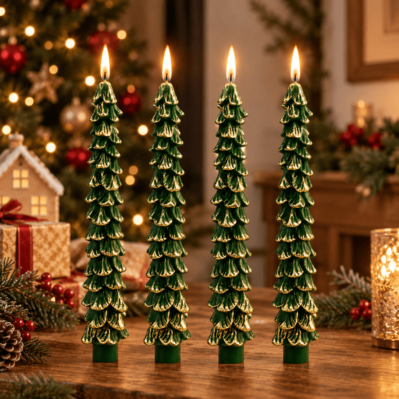9.84 inch Christmas Tree Taper Candle Green Candlestick Unscented Candle for Christmas Table Decor,Winter Centerpieces,Seasonal Home Decor, Green with Gold Trim
