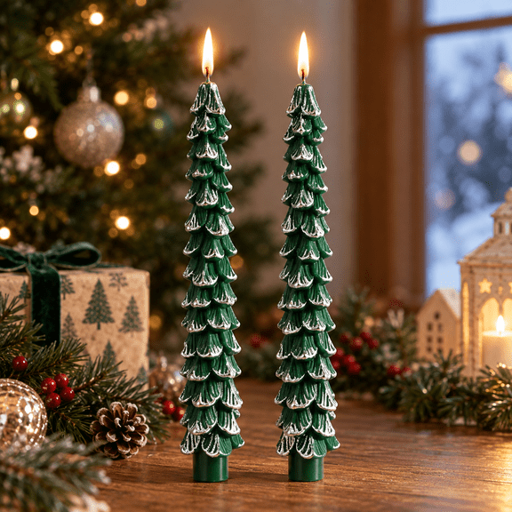 9.84 inch Christmas Tree Taper Candle Green Candlestick Unscented Candle for Christmas Table Decor,Winter Centerpieces,Seasonal Home Decor, Green with Silver Trim