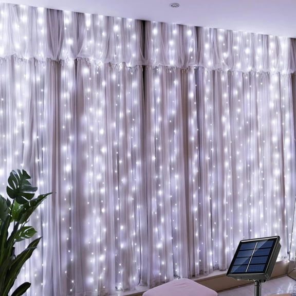 9.84 x 6.56 ft 200 LED Solar Powered Copper Wire Curtain Lights 8 Lighting Modes Waterproof Rainproof Snowproof for Patio Garden Window Christmas Wedding Party Decoration White Light