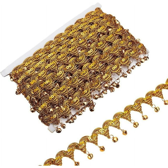 9.84Yards Bell Sequins Fringe Trim 1-5/8 inch Wide Gold Metallic Wigs Ribbon with Iron Bell Beads Fringe Trim Bell Tassel Lace Ribbon