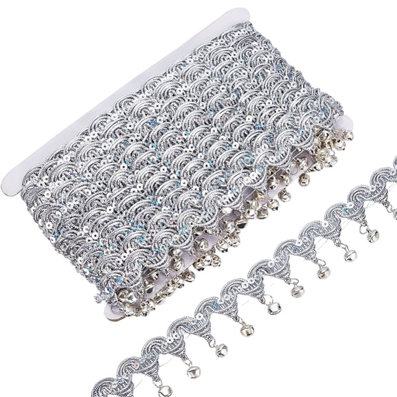 9.84Yards Bell Sequins Fringe Trim Wide Silver Metallic Wigs Ribbon with Iron Bell Beads Fringe Trim Bell Tassel Ribbon Dance Dress Belt