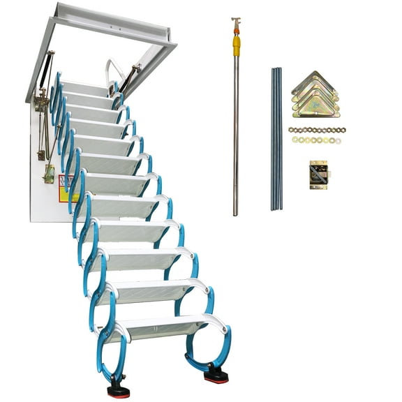 9.84ft Attic Pull Down Ceiling Ladder Stairs Hidden Folding Ladder Retractable Ceiling Access Stairs 12 Steps 600lbs Bearing Capacity Carbon Steel Blue-White