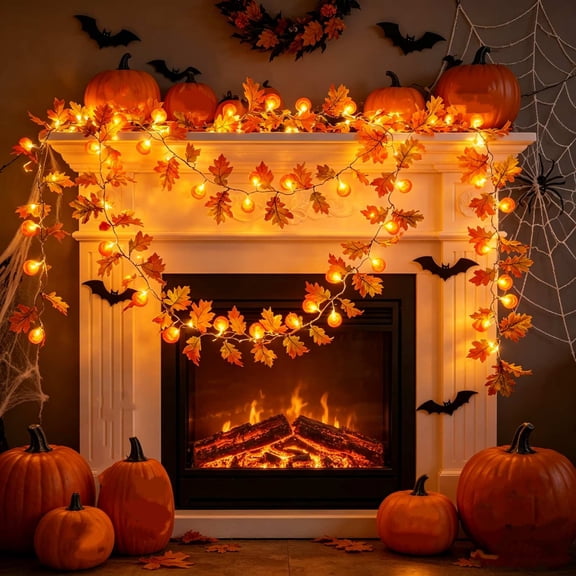 9.84ft Halloween Pumpkin and Maple Leaf Lights, Battery Operated with Warm LED, Ideal for Thanksgiving and Fall Decor, Perfect for Mantels and Window Displays
