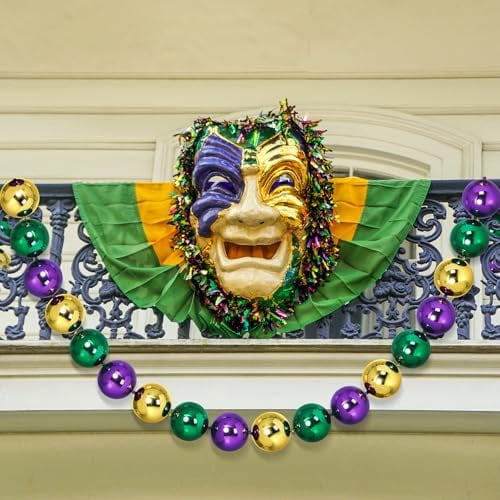 9.84ft Jumbo Mardi Gras Beads Garland Decoration Metal Gold Green Purple Hanging Banner for Outdoor Indoor Carnival Parade Party Front Door Fence Wagon Garden Decorations(Classic Style)