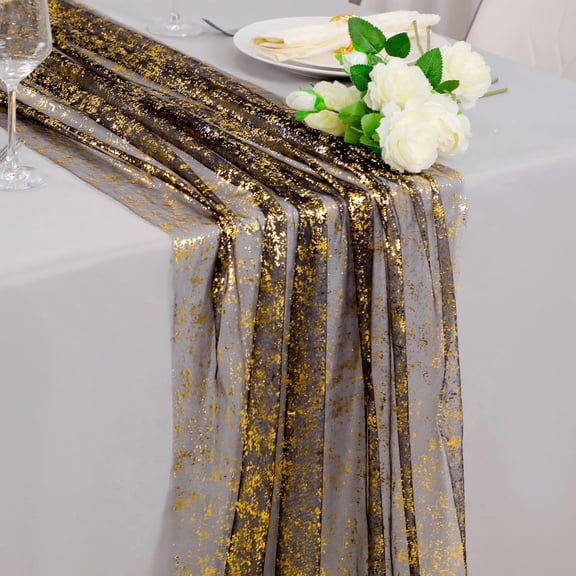 9.84ft x 27.5in Foil Glitter Chiffon Table Runner, Sheer Sparkle Gauze Table Decoration for Wedding Reception, Bridal Shower, Graduation, Birthday Party, Christmas Banquet Decor, Black Gold