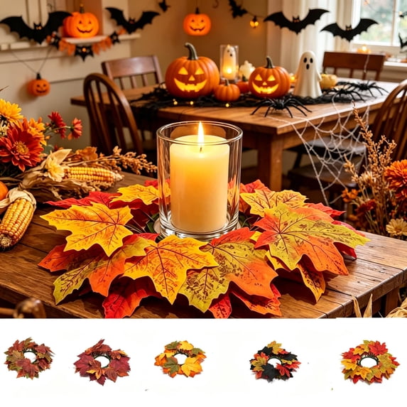 9.84in Artificial Maple Leaf Candle Ring Wreath, Multicolor Fall Mini Candle Holder Garland, Autumn Table Centerpiece Decor for Halloween Thanksgiving Harvest Mantel Indoor Home Party Ornament