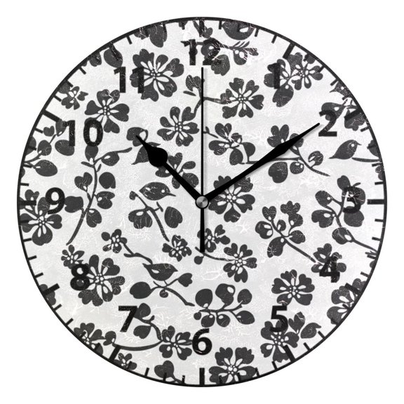 9.84in Black Flowers PVC Canvas Wall and Table Clock with Canvas Texture, Black or Gold Hands