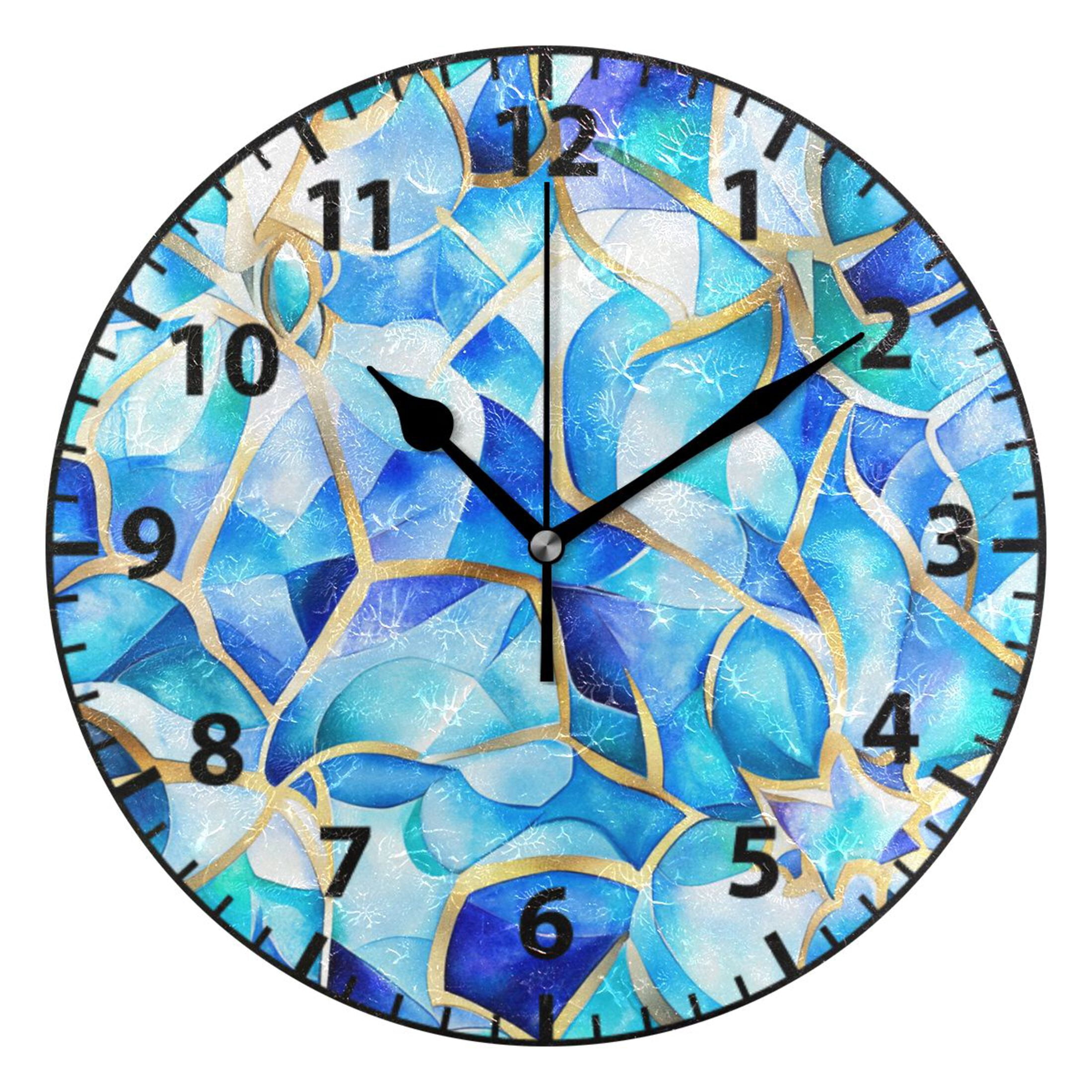 Blue Glass Pattern Wall Clock Modern Small Clock Black Hands for Office ...