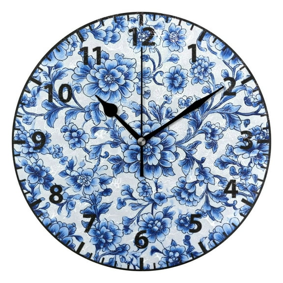 9.84in Blue and White Porcelain PVC Canvas Wall and Table Clock with Canvas Texture, Black or Gold Hands