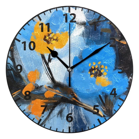 Blue and Yellow Flowers Wall Clock Modern Small Clock Gold Hands for Office, Home, Bedroom,School 9.84in