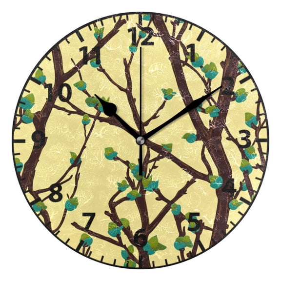 9.84in Branch with Leaves PVC Canvas Wall and Table Clock with Canvas Texture, Black or Gold Hands