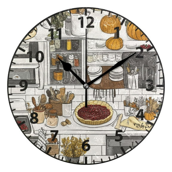 Cartoon Kitchen Pattern Wall Clock Modern Small Clock Gold Hands for Office, Home, Bedroom,School 9.84in