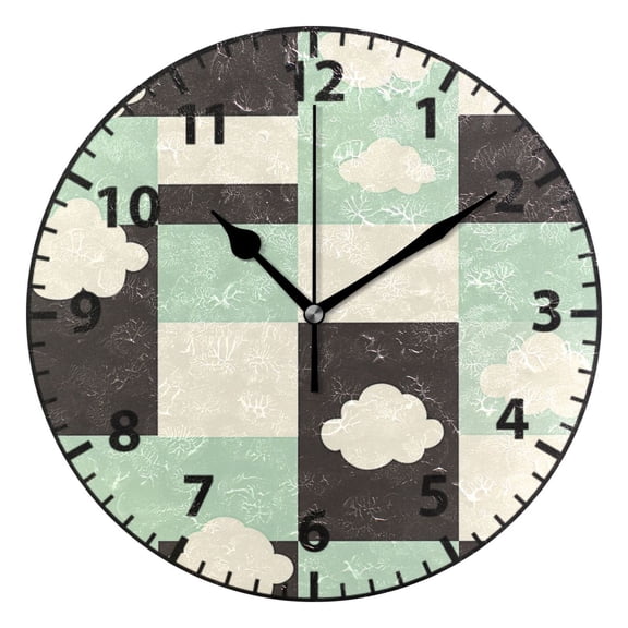 Checkered Pattern with Clouds Wall Clock Modern Small Clock Black Hands for Office, Home, Bedroom,School 9.84in