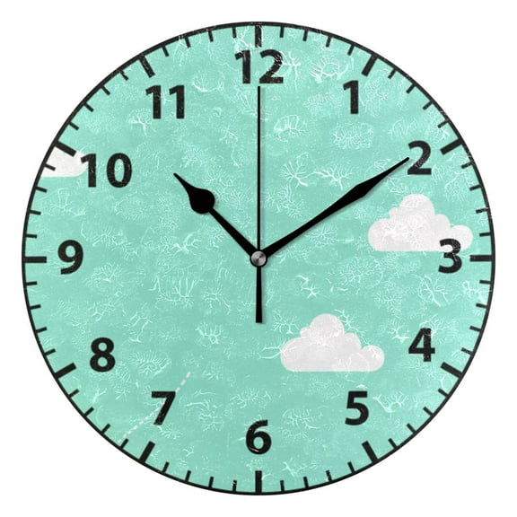 9.84in Clouds Illustration Green PVC Canvas Wall and Table Clock with Canvas Texture, Black or Gold Hands