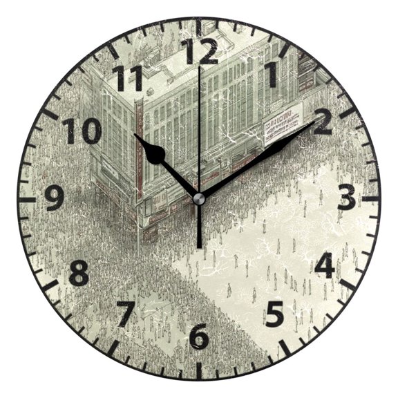 9.84in Crowded Urban Scene PVC Canvas Wall and Table Clock with Canvas Texture, Black or Gold Hands