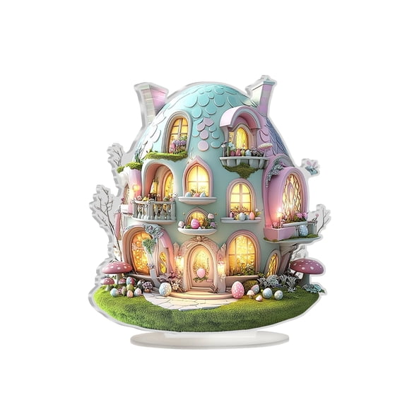 9.84in Easter Decorations 2D Acrylic Blue Egg House Tabletop Display, 2D Spring Fantasy Cottage Standing Decor for Home Pascua