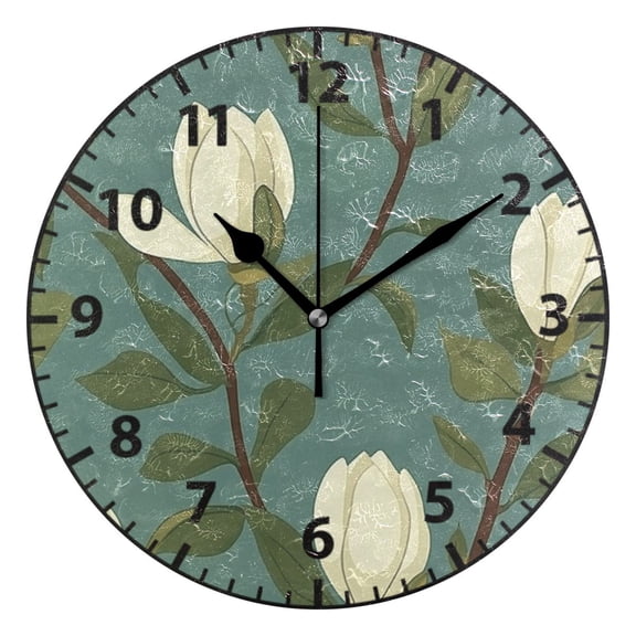 9.84in Elegant White Magnolia Branches PVC Canvas Wall and Table Clock with Canvas Texture, Black or Gold Hands