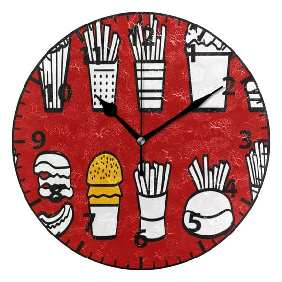 Fast Food Collection Pattern Wall Clock Modern Small Clock Black Hands for Office, Home, Bedroom,School 9.84in