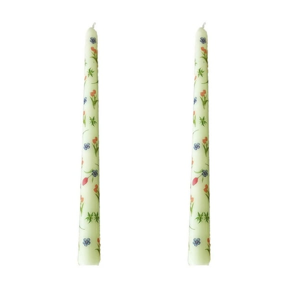 9.84in Flower Printed Taper Candles - Odorless Mixed Wax Wedding Dinner Candlesticks, 2-Pack Decorative Set (Green)