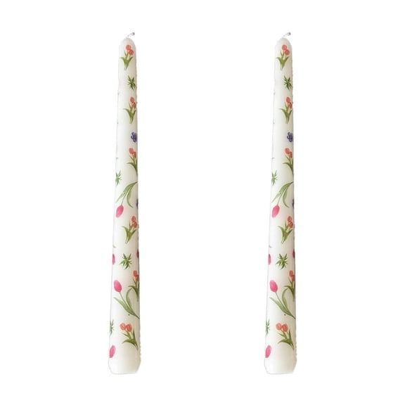 9.84in Flower Printed Taper Candles - Odorless Mixed Wax Wedding Dinner Candlesticks, 2-Pack Decorative Set (White)
