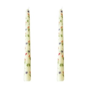 9.84in Flower Printed Taper Candles - Odorless Mixed Wax Wedding Dinner Candlesticks, 2-Pack Decorative Set (Yellow)