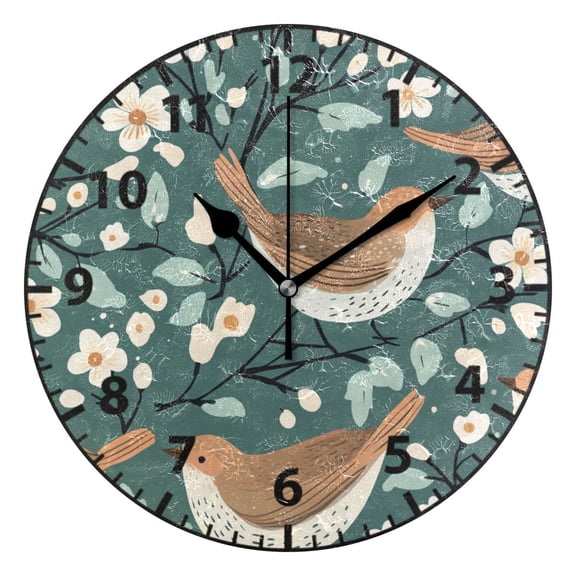 9.84in Flowers and Birds PVC Canvas Wall and Table Clock with Canvas Texture, Black or Gold Hands