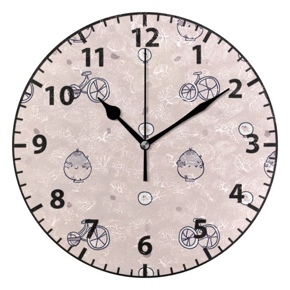 9.84in Fluffy Creatures and Bikes PVC Canvas Wall and Table Clock with Canvas Texture, Black or Gold Hands