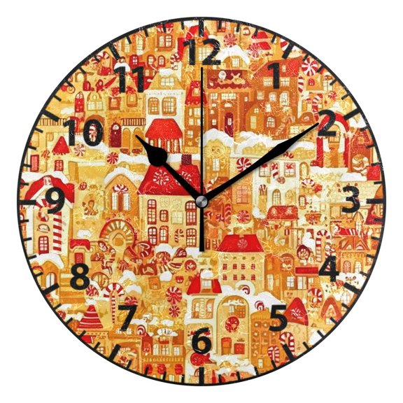 Gingerbread Houses Pattern Wall Clock Modern Small Clock Black Hands for Office, Home, Bedroom,School 9.84in