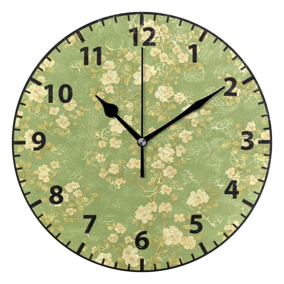 9.84in Green Floral Pattern PVC Canvas Wall and Table Clock with Canvas Texture, Black or Gold Hands