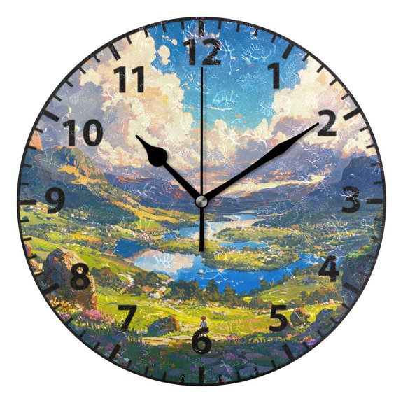 9.84in Green Valley Pattern Design PVC Canvas Wall and Table Clock with Canvas Texture, Black or Gold Hands