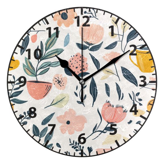 9.84in Hand Drawn Flowers PVC Canvas Wall and Table Clock with Canvas Texture, Black or Gold Hands